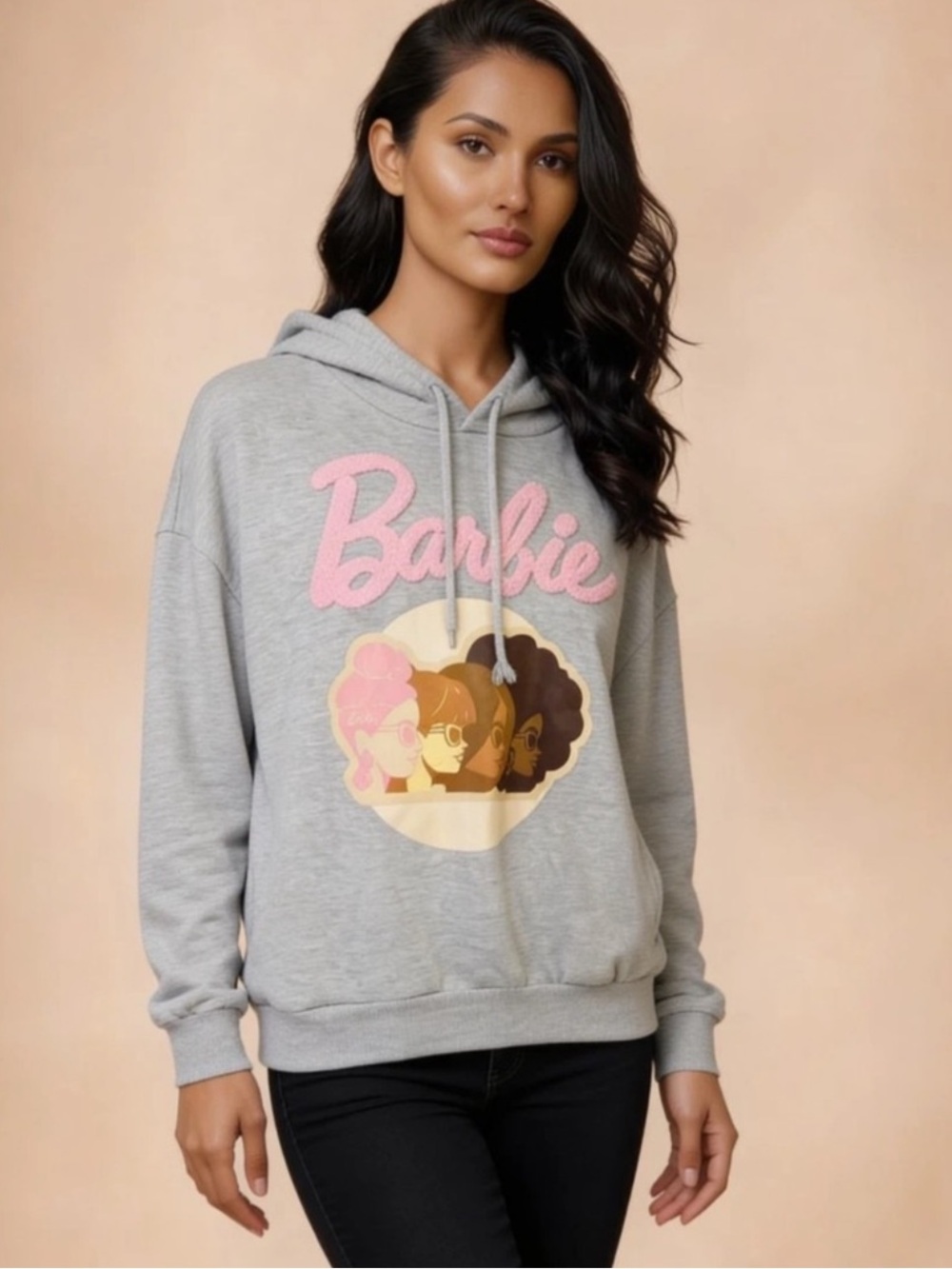 Barbie Gray Hoodie with Pink Script and Multicolor Graphic